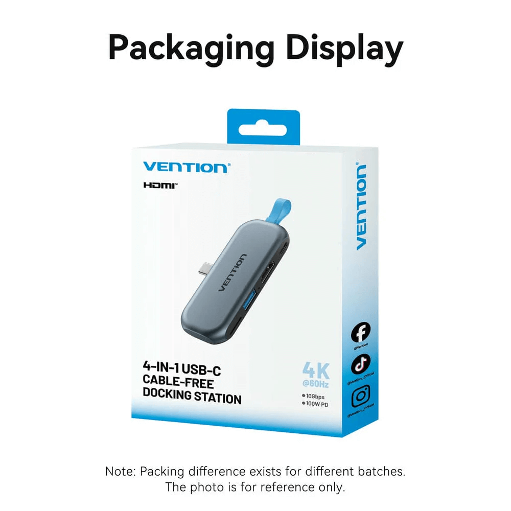 Vention 4-in-1 USB-C Cable-Free Docking Station packaging display with HDMI and 4K support.