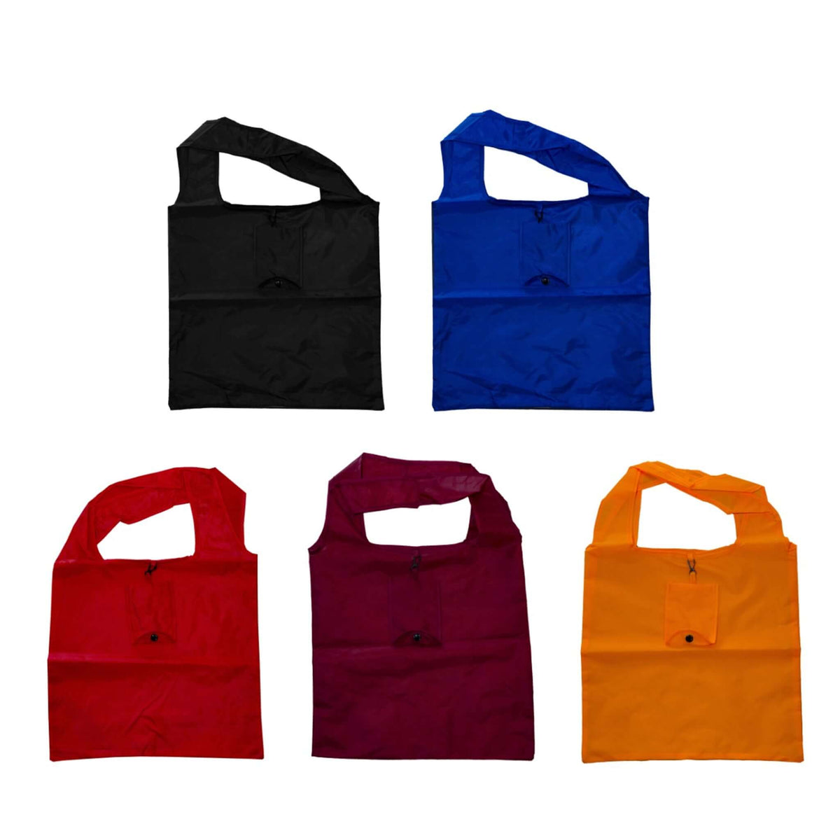 Collection of Nylon 210D Foldable Shopping Bags in black, blue, red, burgundy, and orange colors.