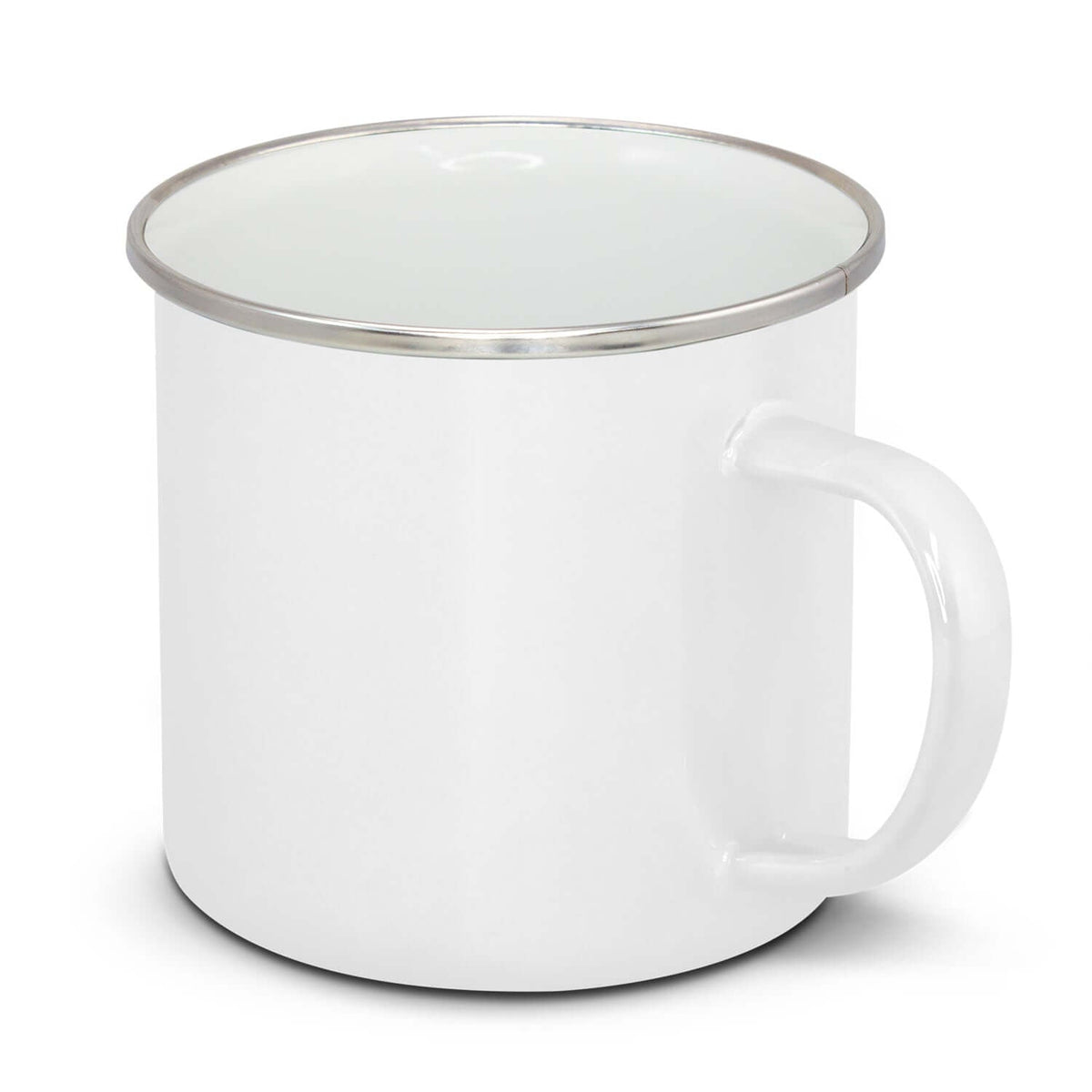 Plain white Bendigo enamel mug with silver-coloured rim and white handle