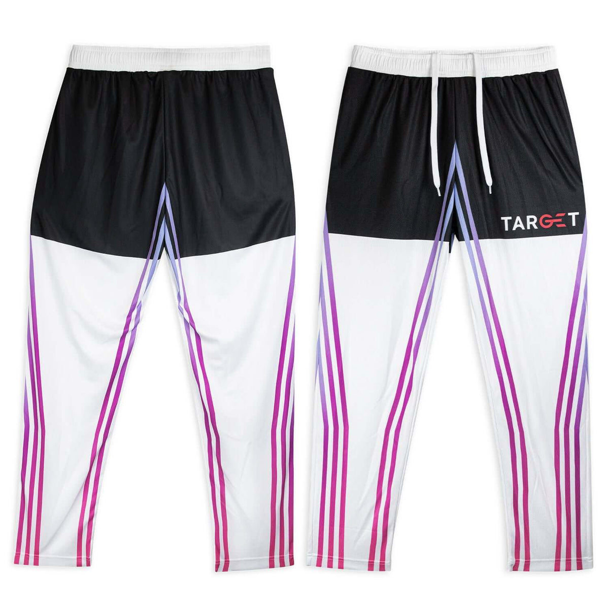 Custom Active Pants featuring vibrant design with breathable 100% polyester and elasticated waistband.