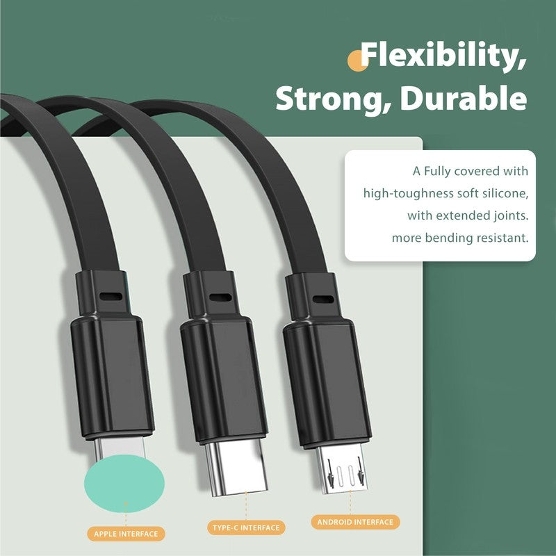 Close-up of three black device connectors on the retractable multicable