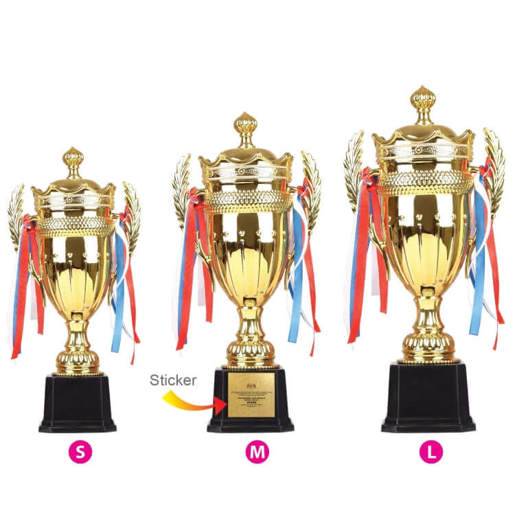 Gold Trophy Cup in three sizes: Small, Medium, Large; perfect for corporate gifts and awards ceremonies.