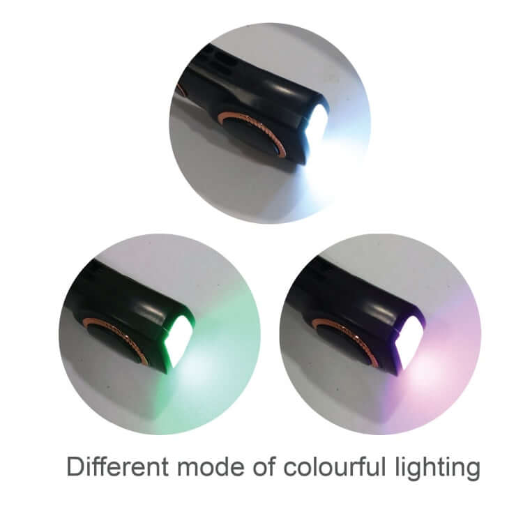 Three close-up views of a black neck fan end panel illuminated in white, green and purple in a coloured-lighting illustration