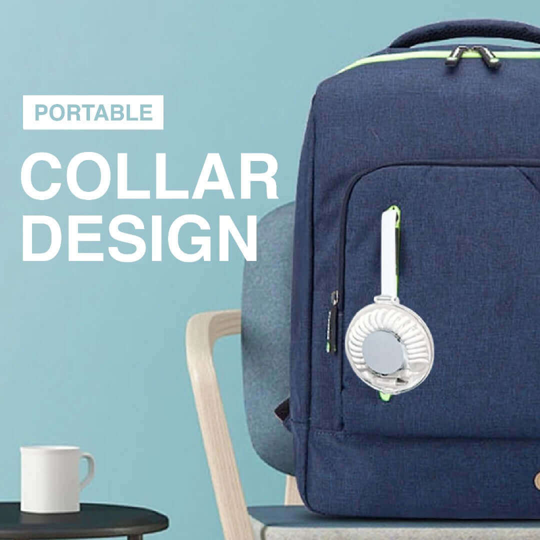 Round charging cable case attached by its carry loop to a navy backpack in a use illustration
