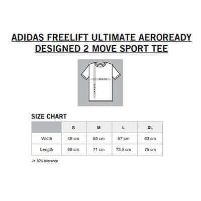 Size chart for adidas Freelift Ultimate Aeroready Designed 2 Move Sport Tee with measurements.