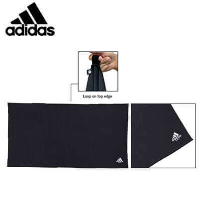 adidas Microfiber Players Towel with loop on top edge, showcasing waffle texture and black design.