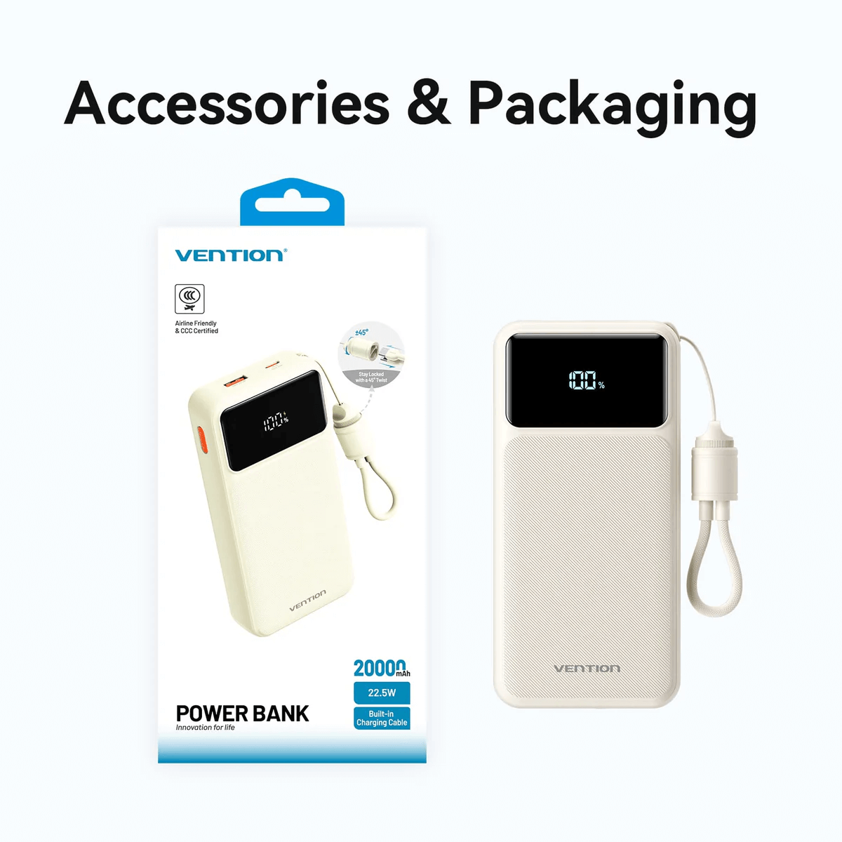 Vention 20000mAh Power Bank with Built-in Cable 22.5W, packaging and product displayed.