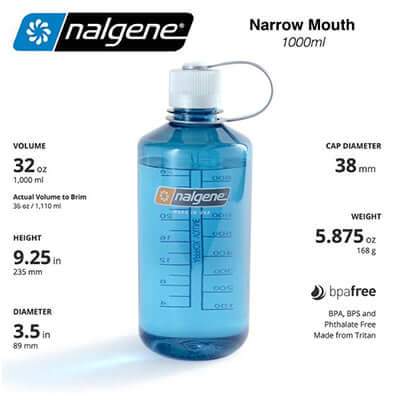 Nalgene narrow-mouth bottle catalogue measurement diagram showing a blue bottle and size information