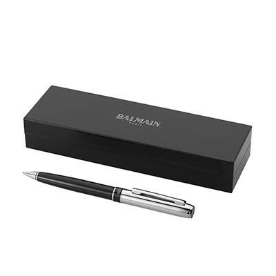 Black and silver-coloured Balmain Exclusive ballpoint pen beside a closed black Balmain-branded presentation box