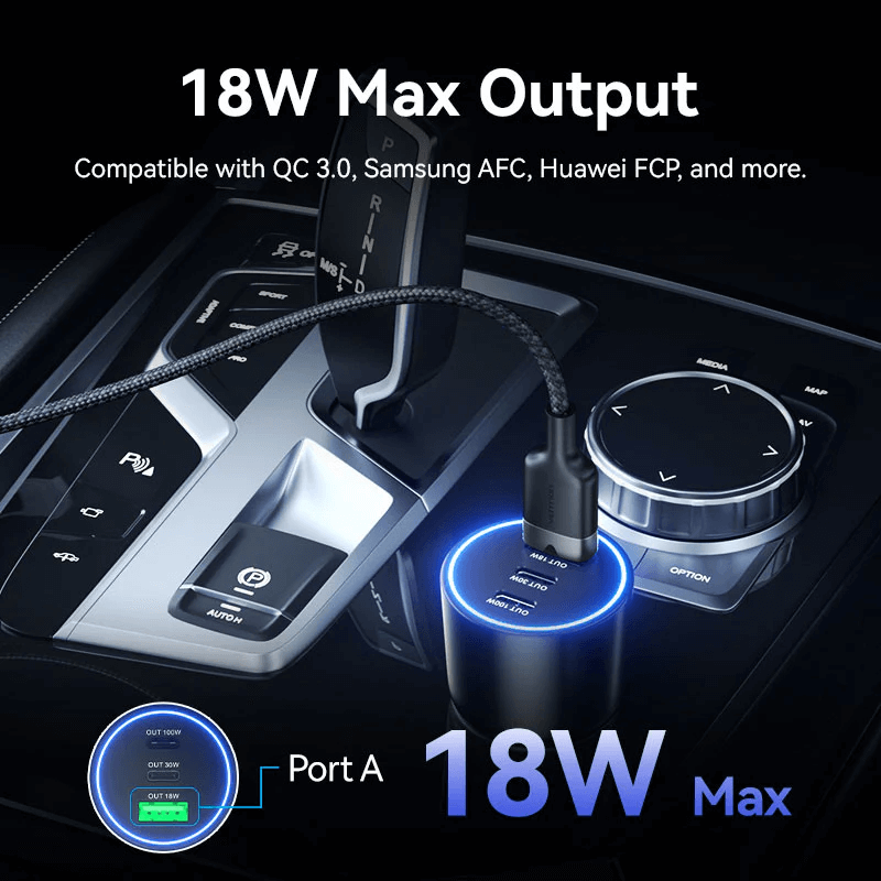 Vention Three-Port USB C+C+A Car Charger with 18W max output shown in a car dashboard.