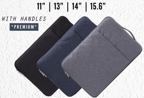 Black, dark blue and grey laptop sleeves with handles, zip openings and front pockets; image labels 11, 13, 14 and 15.6 inches