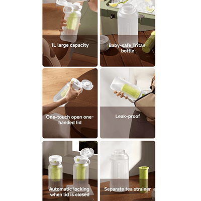Xiaomi Sport Water Bottle features 1L capacity, one-touch lid, leak-proof design, and automatic locking mechanism.