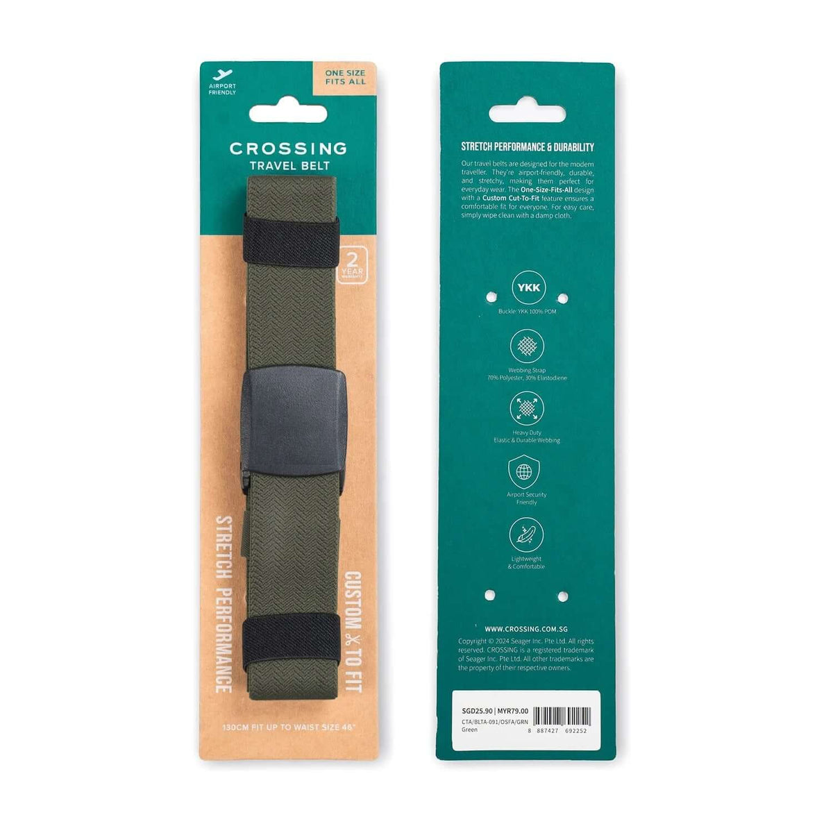 Crossing Travel Belt With Clip Buckle packaging showcasing its stretch performance and durable design.