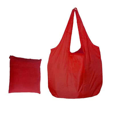 Red foldable nylon tote shown open beside its matching square storage form