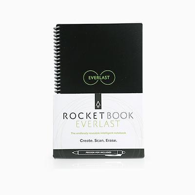 Black spiral-bound Rocketbook Everlast notebook shown with its branded paper presentation sleeve and pen illustration