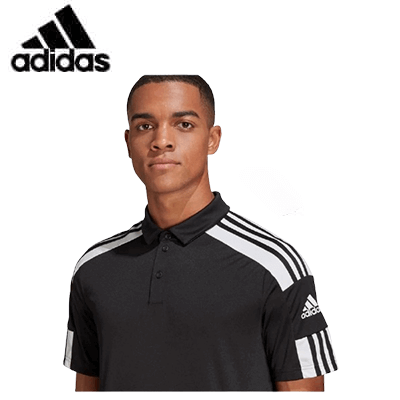 Adidas Squadra 21 Short Sleeve Polo worn by a model in black with white stripes, featuring AEROREADY technology.