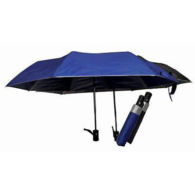 Blue foldable umbrella shown open beside a folded example, with a dark underside, straight handle and wrist loop