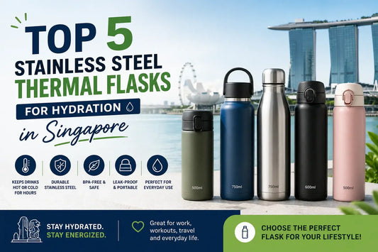 Top 5 Stainless Steel Thermal Flasks for Hydration in Singapore, showcasing various durable flasks against a scenic background.
