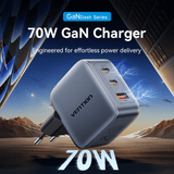 Vention 3-Port USB (C+C+A) GaN Charger 70W with three ports for fast charging.