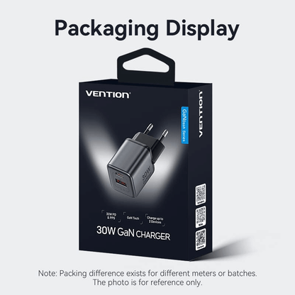 Vention 2-Port USB (C+A) GaN Charger 30W packaging display with fast charging capabilities.