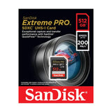 SanDisk Extreme PRO SDXC QuickFlow UHS-I 512GB memory card packaging showing speed up to 200MB/s.