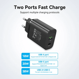 Vention 2-Port USB (A+C) Wall Charger with two fast charging ports and multiple support protocols.