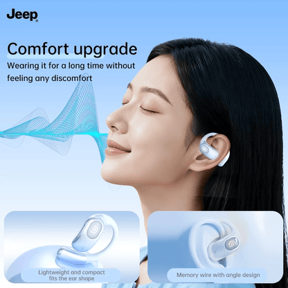 Jeep EX1 Open-Ear Wireless Earbuds with AI Translator showcasing comfort upgrade features for all-day wear.