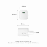 Vention 1-Port GaN Charger (30W) dimensions showing compact size and Type-C port for efficient charging.