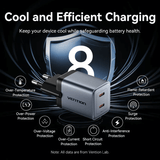 Vention 2-Port GaN Charger 45W with Cable (1M) showcasing efficient charging features and protection mechanisms.