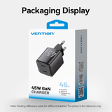 Vention 2-Port USB (C + C) GaN Charger 45W packaging display with dual ports for charging two devices.