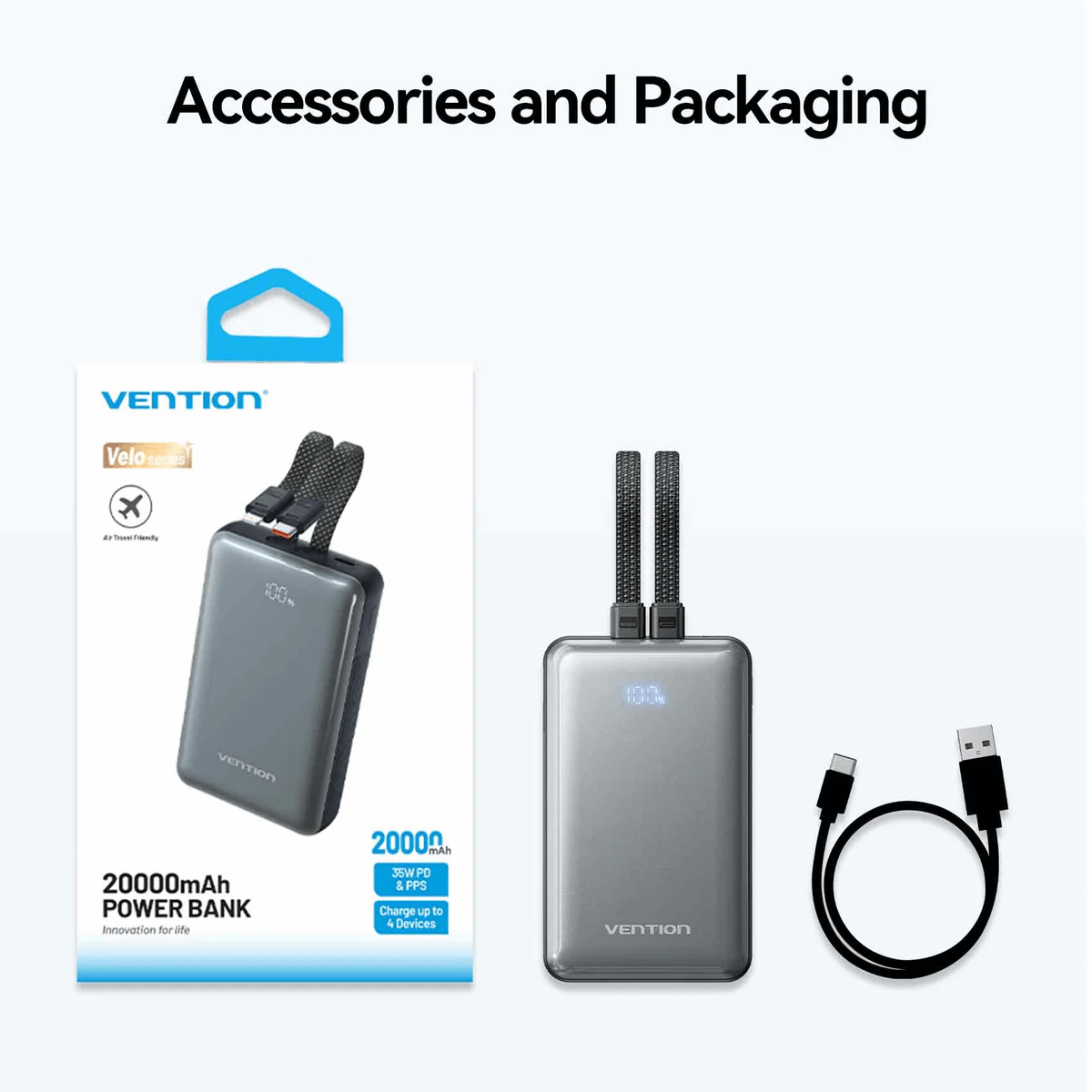 Vention 20000mAh Power Bank with Built-in Cables 35W packaging and accessories displayed.