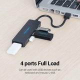 Vention 4-in-1 USB 3.0 Hub connected to a laptop, showcasing four ports for multiple USB device connections.