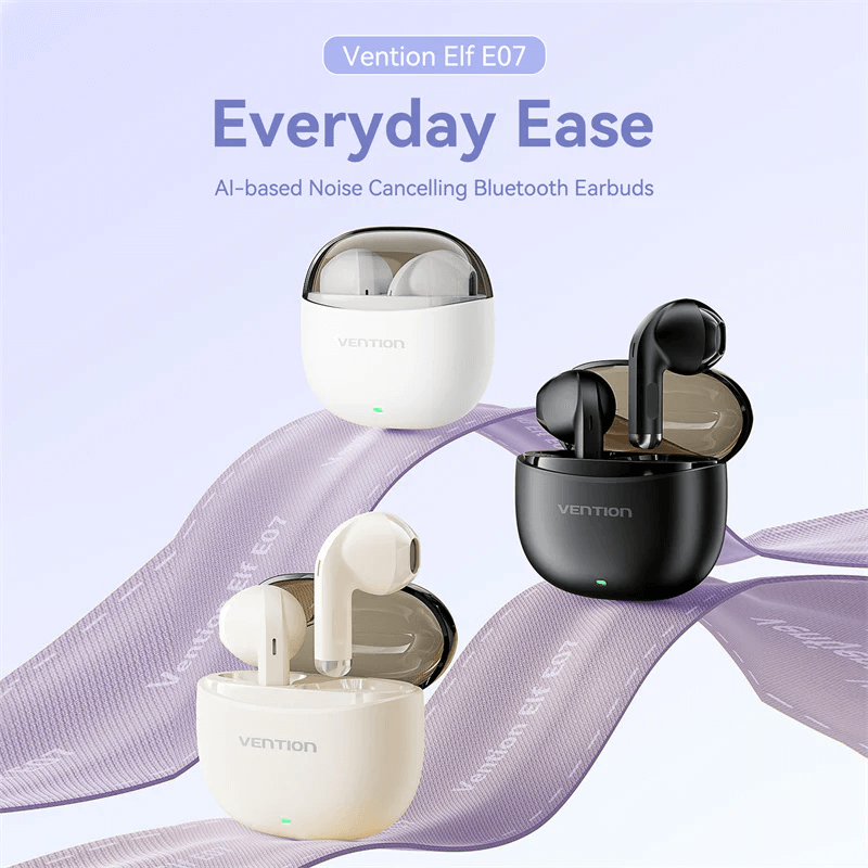 Vention True Wireless Bluetooth Earbuds Elf E07 in black and white with charging case for seamless audio experience.