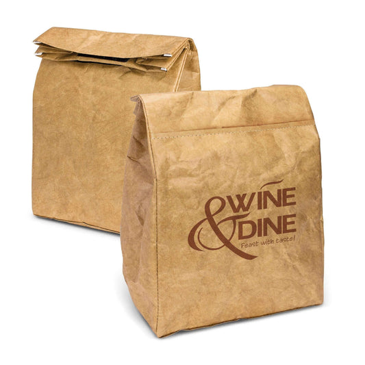 Kraft Cooler Lunch Bag in stylish brown Tyvek with Wine & Dine logo, perfect for Corporate Gift Singapore.