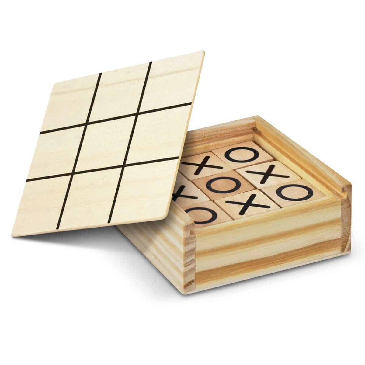Tic Tac Toe Game in a pine wooden box with a sliding lid and game grid printed inside, perfect as a corporate gift.