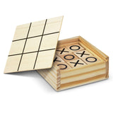 Tic Tac Toe Game in a pine wooden box with a sliding lid and game grid printed inside, perfect as a corporate gift.
