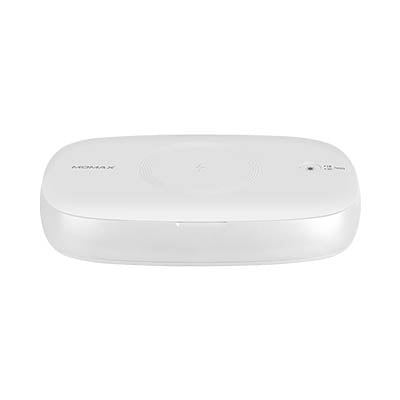 White Momax UV box closed, showing the top charging area and control markings