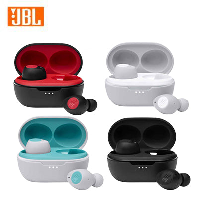 JBL Tune 115TWS earbuds and open charging cases shown in four pictured colour combinations