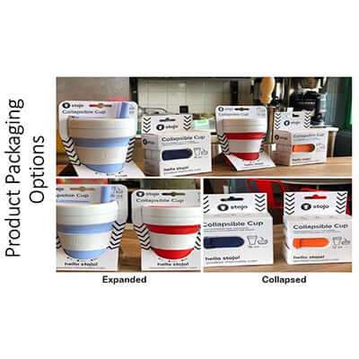 Stojo Pocket cup catalogue collage showing cups used for café drinks and collapsed for carrying