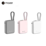 Mazer PowerCharge Nano Duo 10,000mAh PD35W Power Bank with Built-in Dual USB-C Cables (CCC Certified) in grey, pink, and white.
