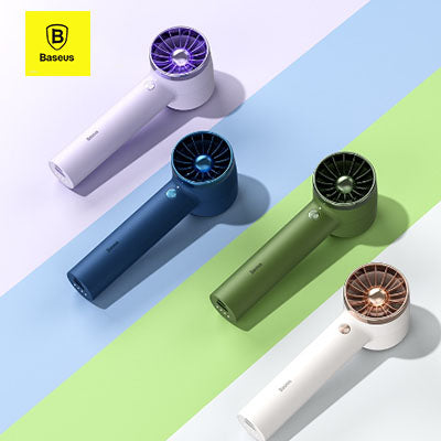 Baseus handheld turbofans in purple, blue, green and white shown on matching colour backgrounds