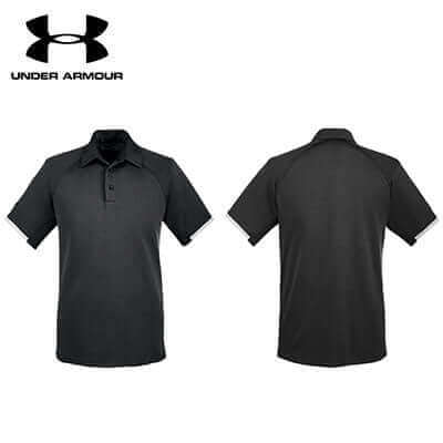 Black men’s Under Armour Corp Rival short-sleeve polo shown from front and back