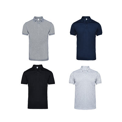 Ultifresh plain double-pique polo front views in grey, navy, black and a light colour with short sleeves and button plackets