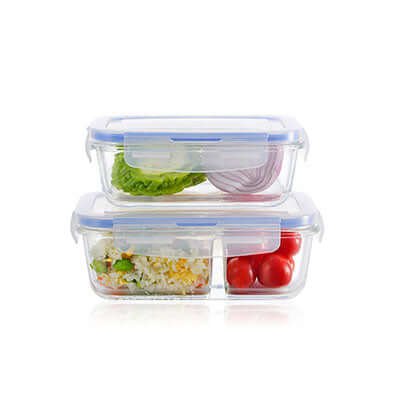 Two glass lunch-box examples with clear clip lids and blue seals; lower box shows two food compartments