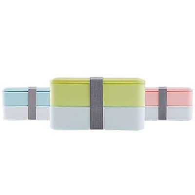 Two-tier lunch boxes in blue, green and pink with pale lower tiers and grey retaining bands