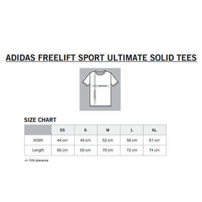 adidas Freelift Sport Ultimate Solid tee size chart showing garment measurements for XS to XL