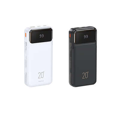 Remax RPP-686 Powerbank with Cables 20000mAh in white and black, featuring LED display and multi-device charging.