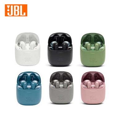 JBL Tune 220TWS earbuds in open charging cases shown in white, black, green, blue, grey and pink