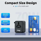 77digi 70W 3 Type-C + 2 USB Travel Adapter WWA70 next to a credit card showcasing its compact design.