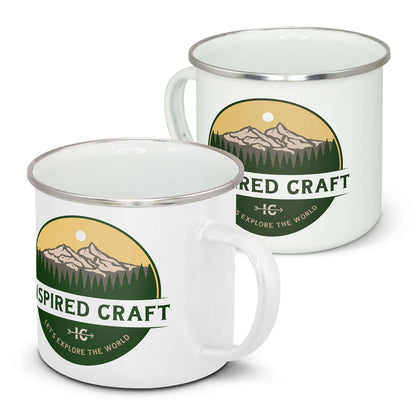 White Bendigo enamel mugs showing full-colour mountain artwork examples